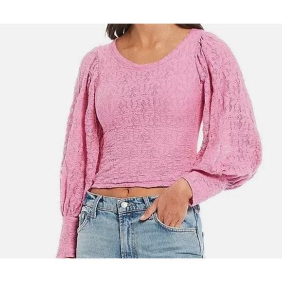 Free People Tea Time Top Pink Lace Size L Keyhole Coquette Plumeria Puff Sleeve - Picture 1 of 6